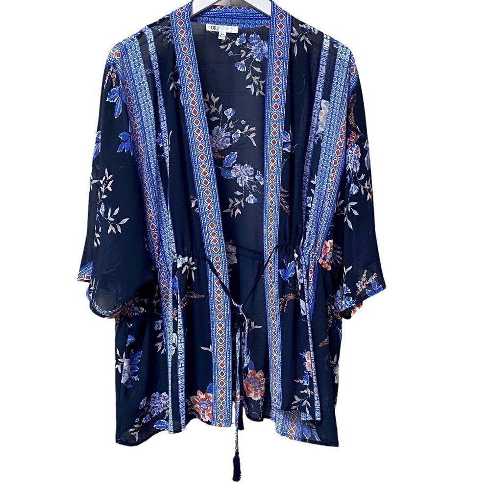 DR2 Kimono Top Size S/M Blue Boho Floral Sheer Womens Open Jacket Shrug